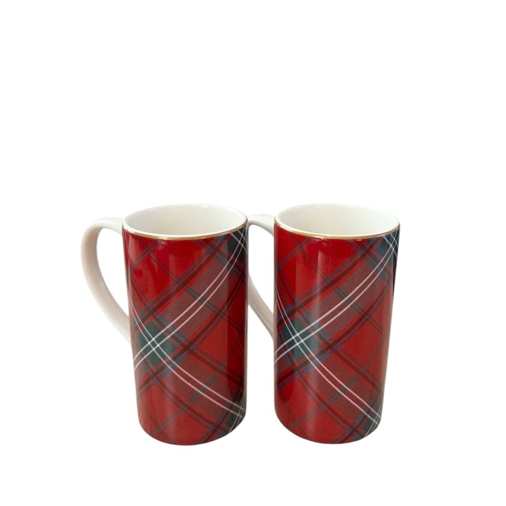 2 x Williams Sonoma Red Green Tartan Plaid 6” Tall Coffee Hot Cocoa‎ Mugs